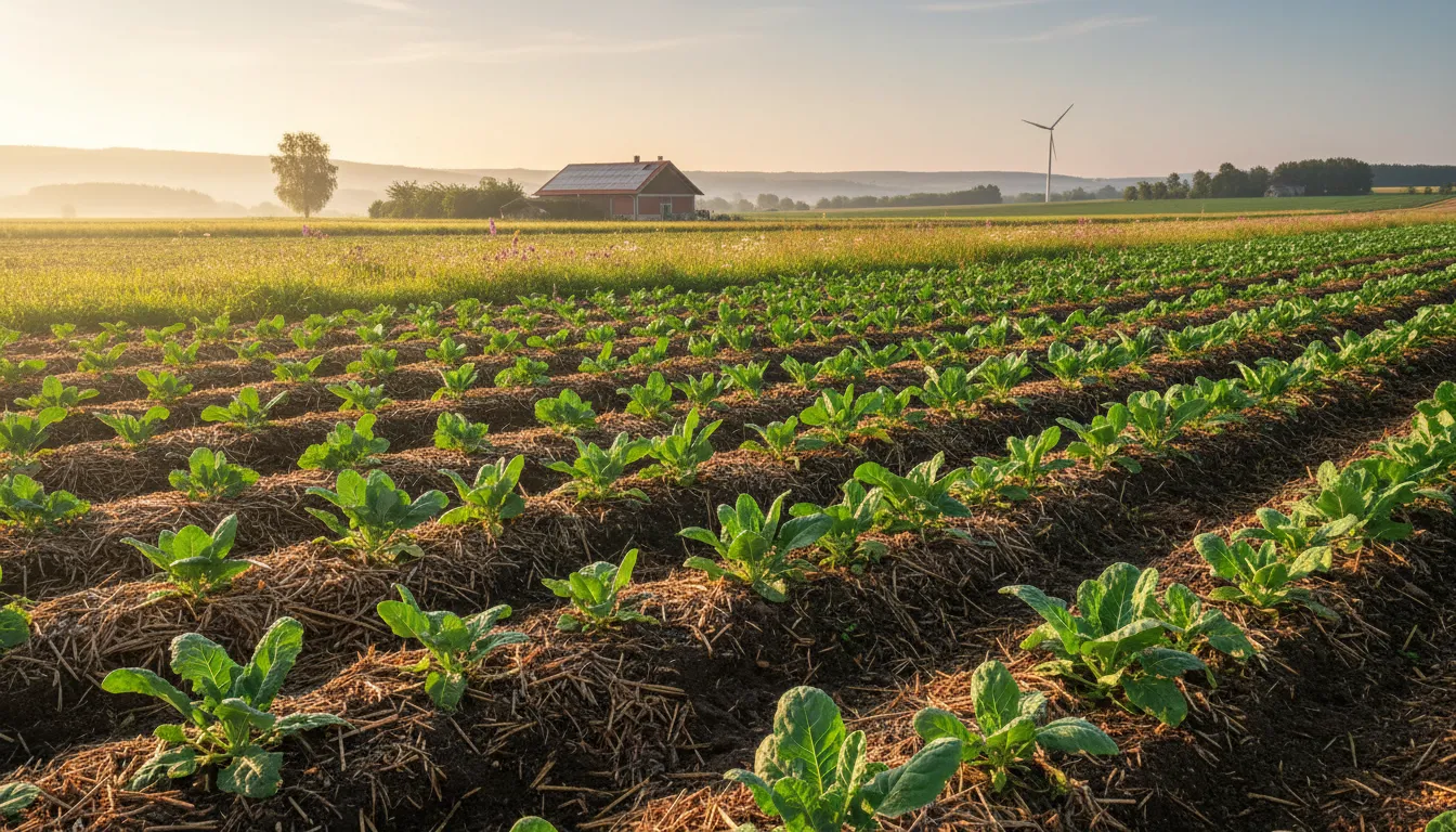 Healthy green crops growing in rich dark soil